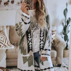 Native Print Cowichan Blanket Cardigan Sweater